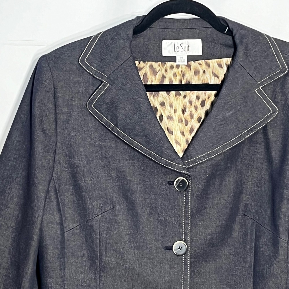Le Suit Womens Dark Wash Denim Blazer Jacket Leopard Lining Contrast Stitch 14 - Picture 3 of 8